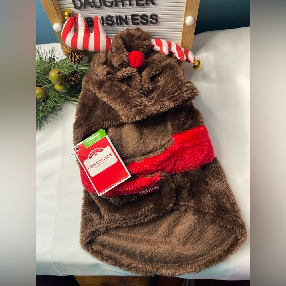 SimplyDog Reindeer Dog Costume Hoodie Brown Red Antlers Bells Medium NWT